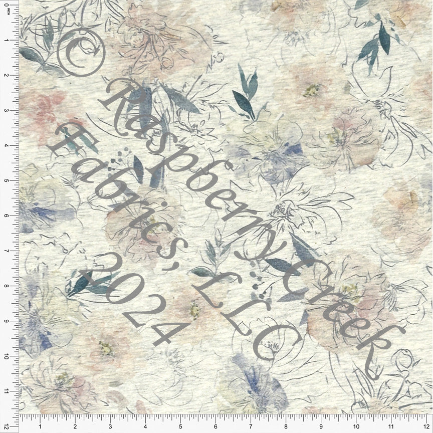 PRE-ORDER Peach Mauve Navy and Teal Linedrawn Watercolor Floral on Oatmeal 4 Way Stretch French Terry Knit Fabric