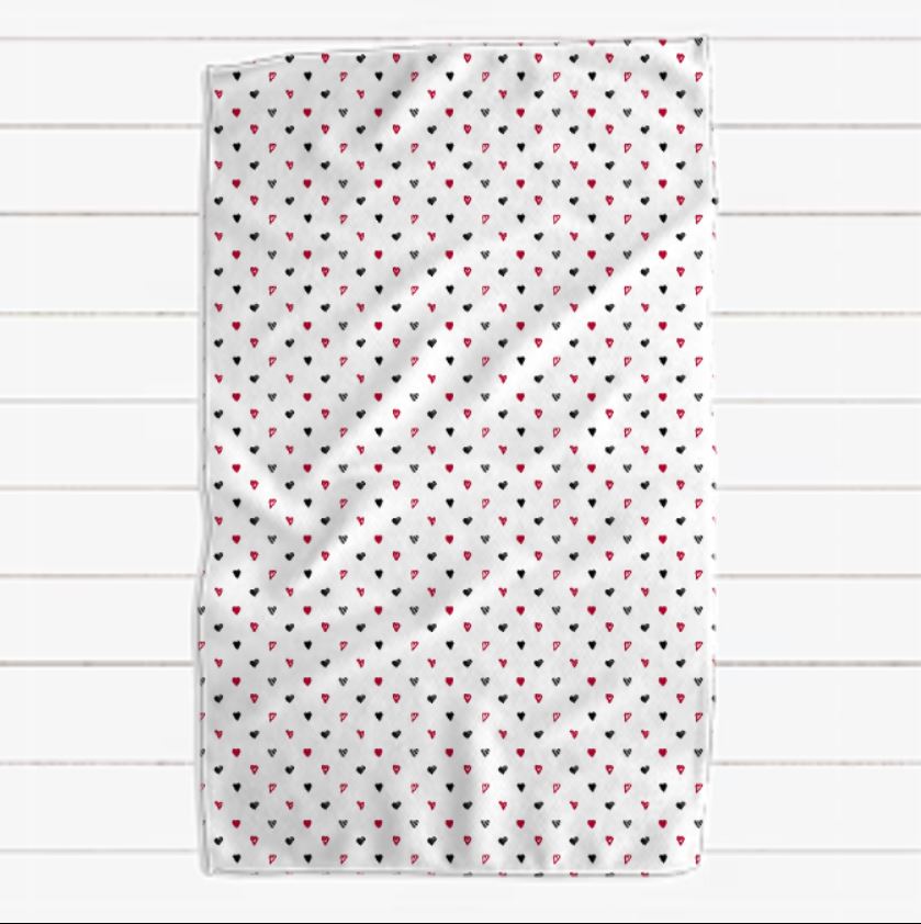 Red Black and White Patterned Ditsy Heart Love Languages Waffle Towel