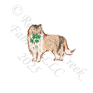 Tonal Khaki Brown and Green Shamrock Lassie Dog Panel, Lucky Little Lassie by Bri Powell for CLUB Fabric