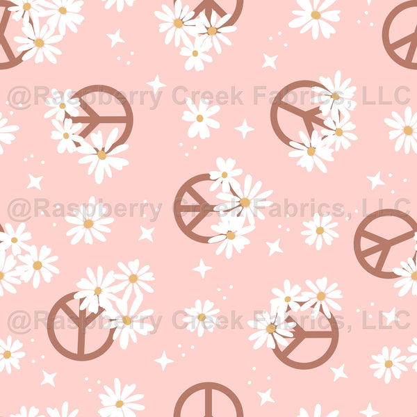 Peace Sign Raspberry Peach Pink Clay and Light Mustard Yellow Magic Peace Sign Floral Print ...