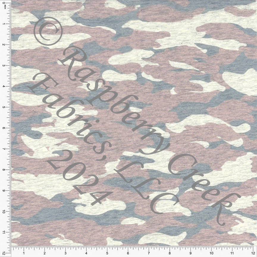 PRE-ORDER Mauve and Light Denim Blue Camouflage on Oatmeal 4 Way Stretch French Terry Knit Fabric