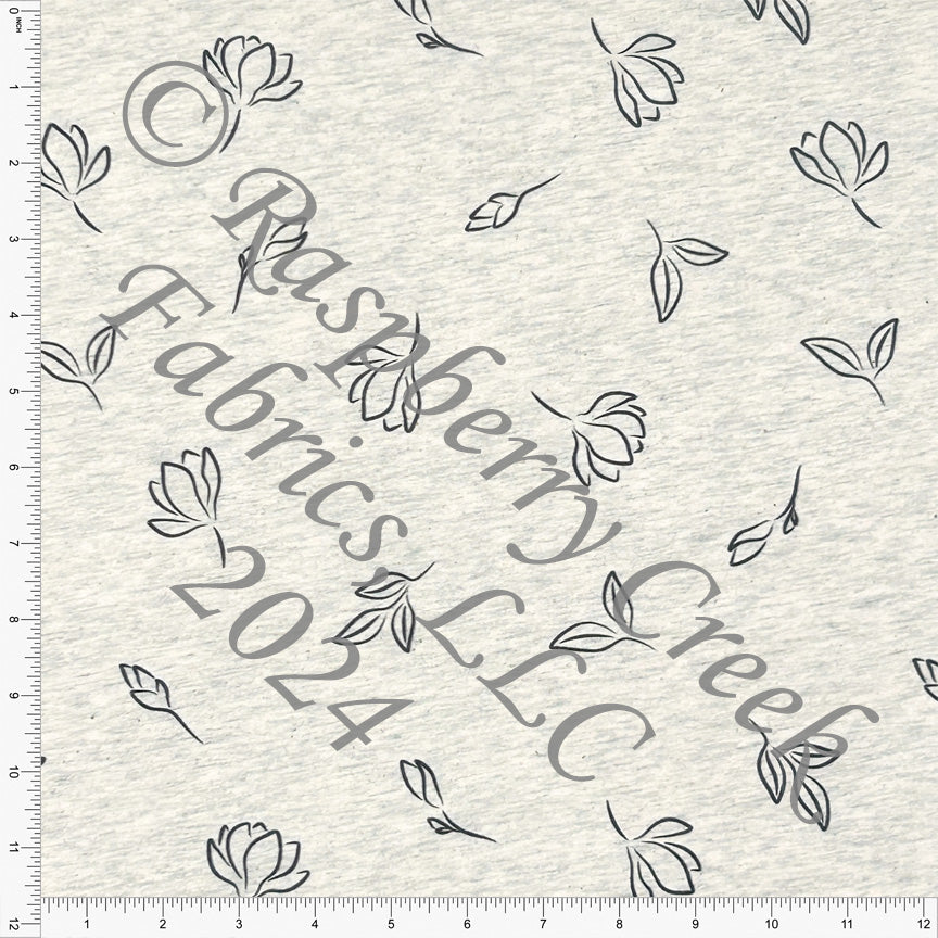 PRE-ORDER Charcoal Linedrawn Minimal Floral on Oatmeal 4 Way Stretch French Terry Knit Fabric