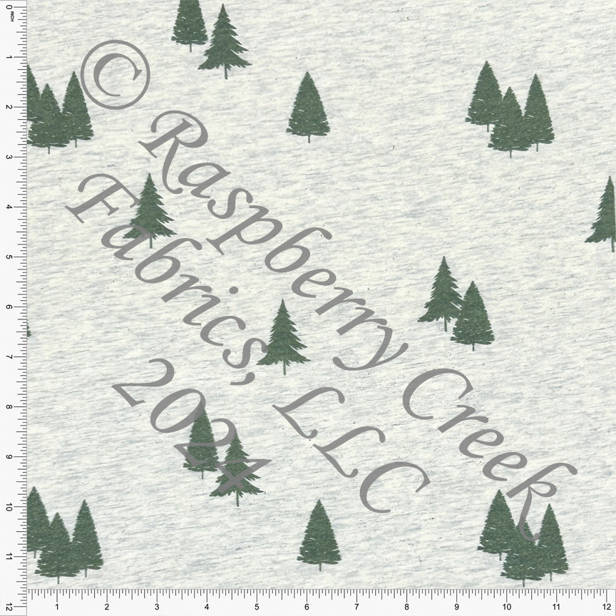 PRE-ORDER Olive Green Tree Silhouettes on Oatmeal 4 Way Stretch French Terry Knit Fabric