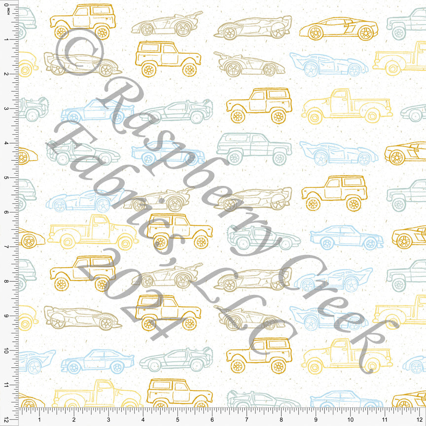 Khaki Light Blue and Orange Line Drawn Car Print Fabric, Mom Wheels by Bri Powell for CLUB Fabrics
