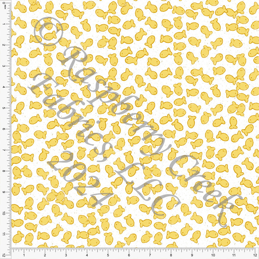 Tangerine Tossed Goldfish Cracker Print Fabric, Mom Wheels by Bri Powell for CLUB Fabrics