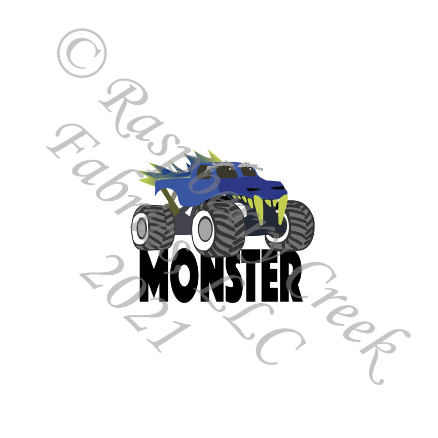 Royal Blue Lime Green Grey and Black Monster Truck Panel, Spooks and Spells by Elise Peterson for Club Fabrics