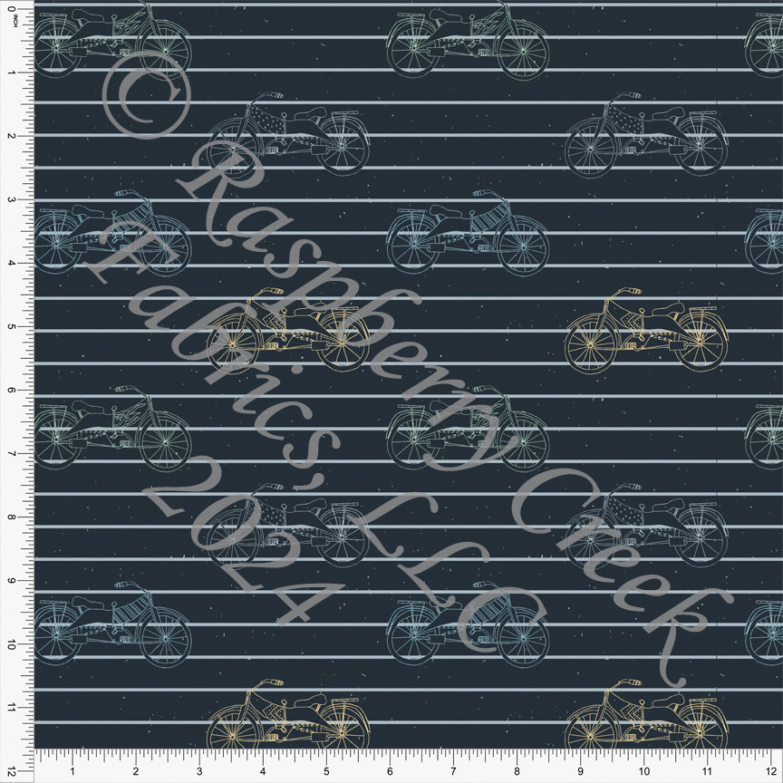 Deep Teal Mustard Teal Green Vintage Motorcycle Stripe Print Fabric, Motorcycles by Kim Henrie for CLUB Fabric