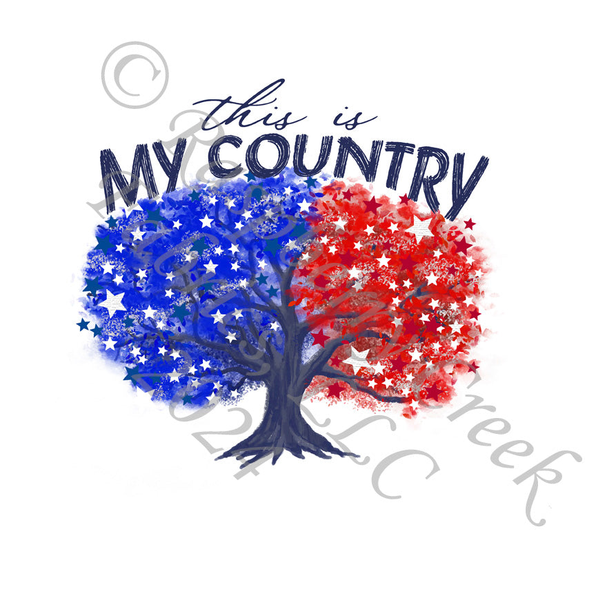Royal Blue Red Navy and White This Is My Country Tree Panel, My Country by Elise Peterson for CLUB Fabrics