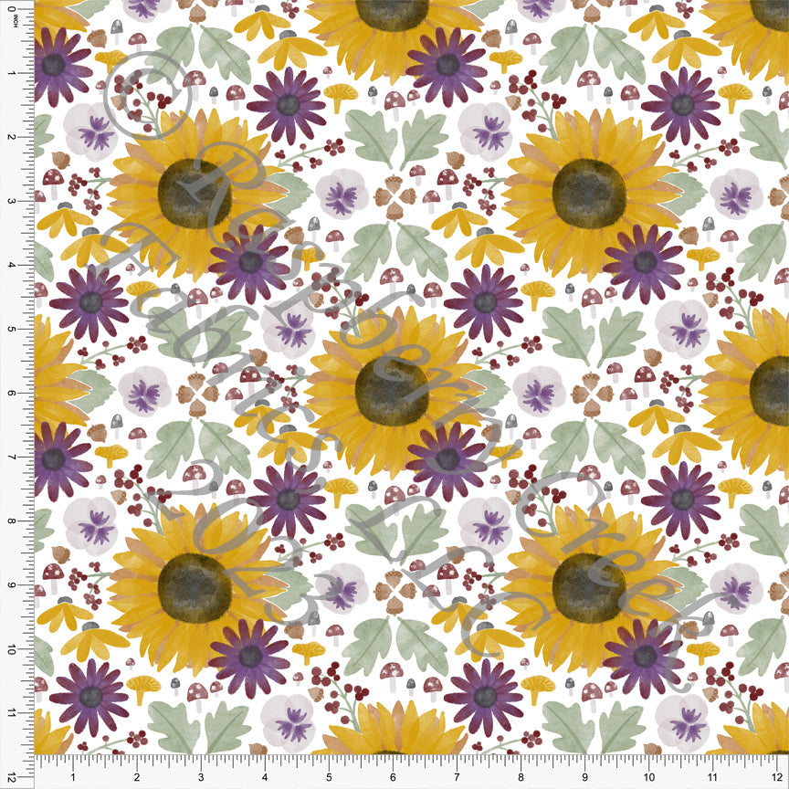 Mustard Sage and Eggplant Sunflower Pansy Floral Print Fabric, My Sunshine  by Alyssa Walsh for CLUB Fabrics Fabric, Raspberry Creek Fabrics