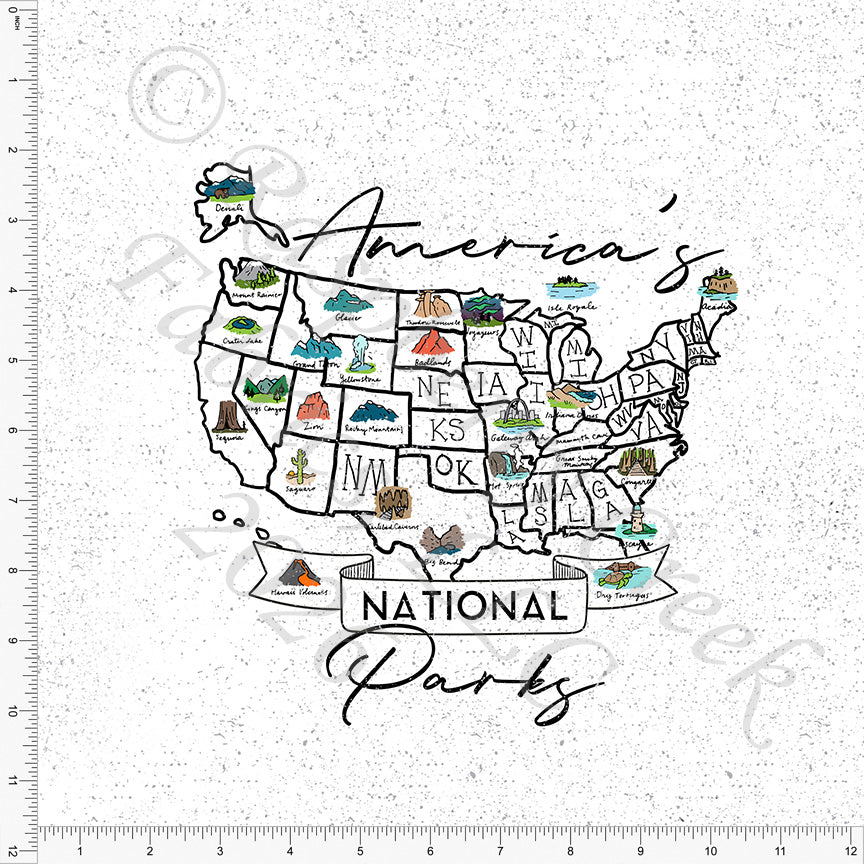 Green Teal Mint Rust And Grey National Parks Map Panel, Summer Road Trip by Bri Powell for Club Fabrics
