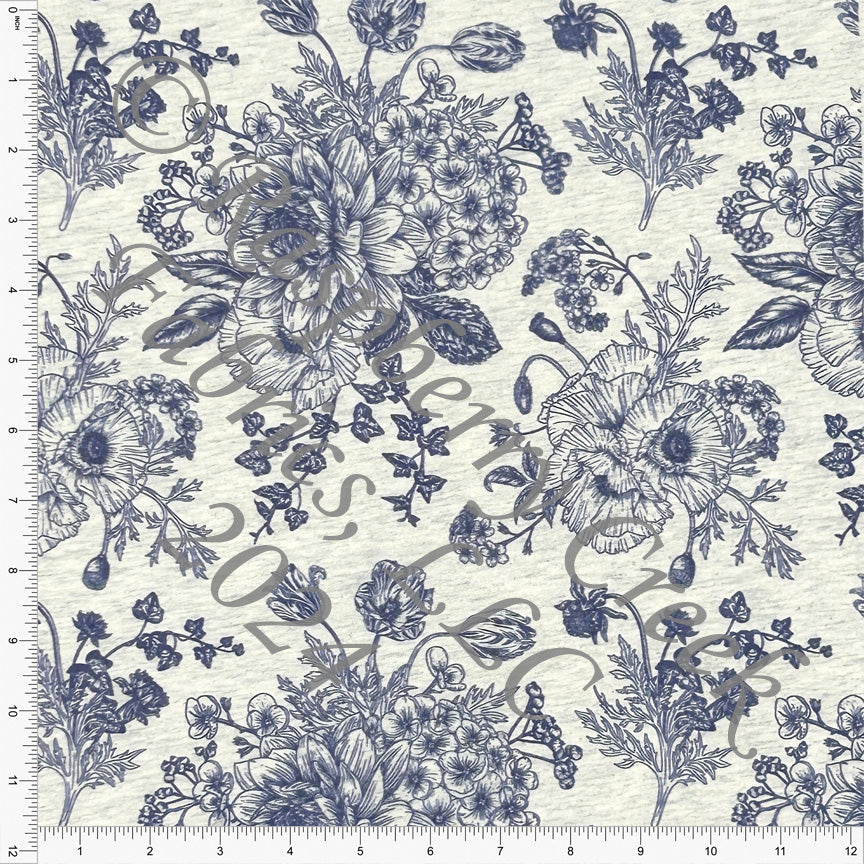 PRE-ORDER Navy Blue Linedrawn Floral on Oatmeal 4 Way Stretch French Terry Knit Fabric