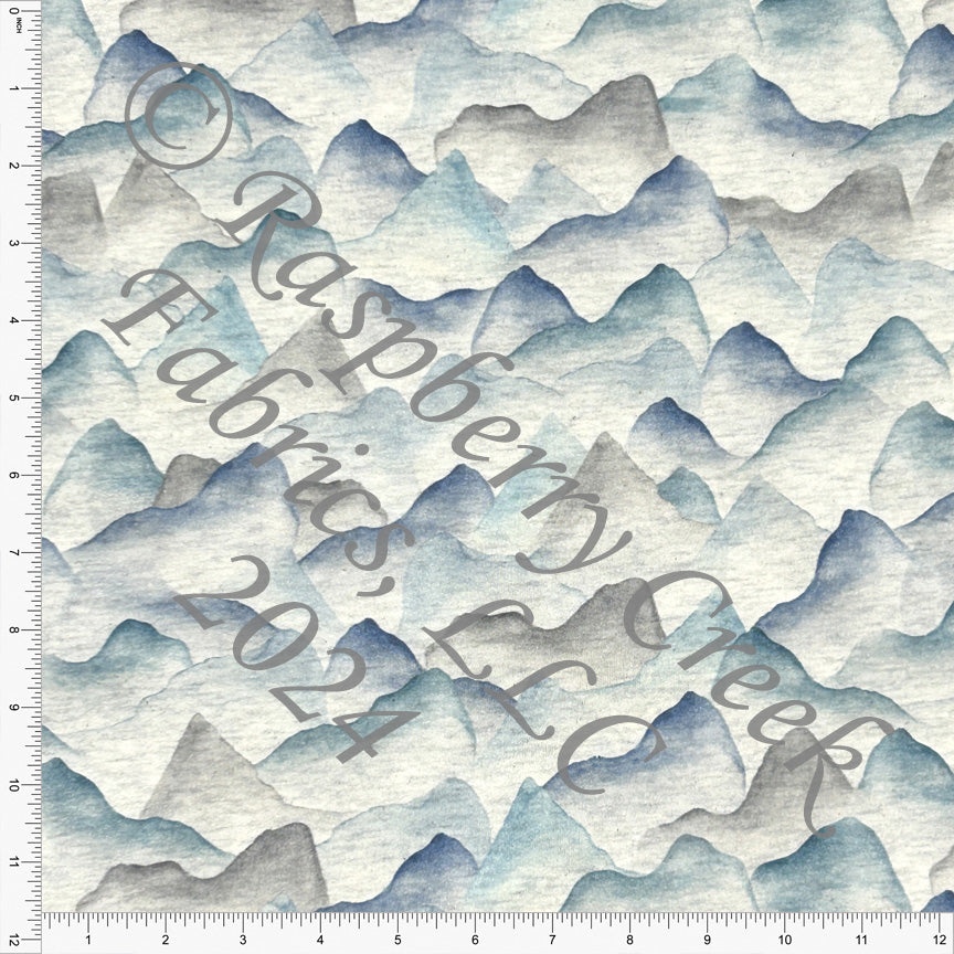 PRE-ORDER Tonal Navy Grey and Teal Watercolor Mountains on Oatmeal 4 Way Stretch French Terry Knit Fabric