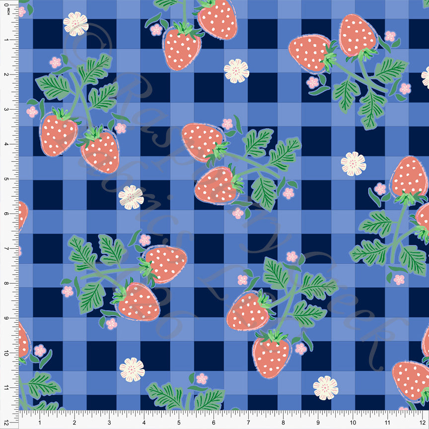 Navy Periwinkle Salmon Green Strawberry Picnic Fabric, Juicy Summer by Nice To Michiyo Designs for CLUB Fabrics