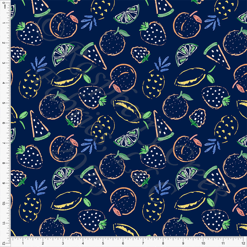 Navy Yellow Salmon Orange Green Periwinkle Fruit Breeze Fabric, Juicy Summer by Nice To Michiyo Designs for CLUB Fabrics