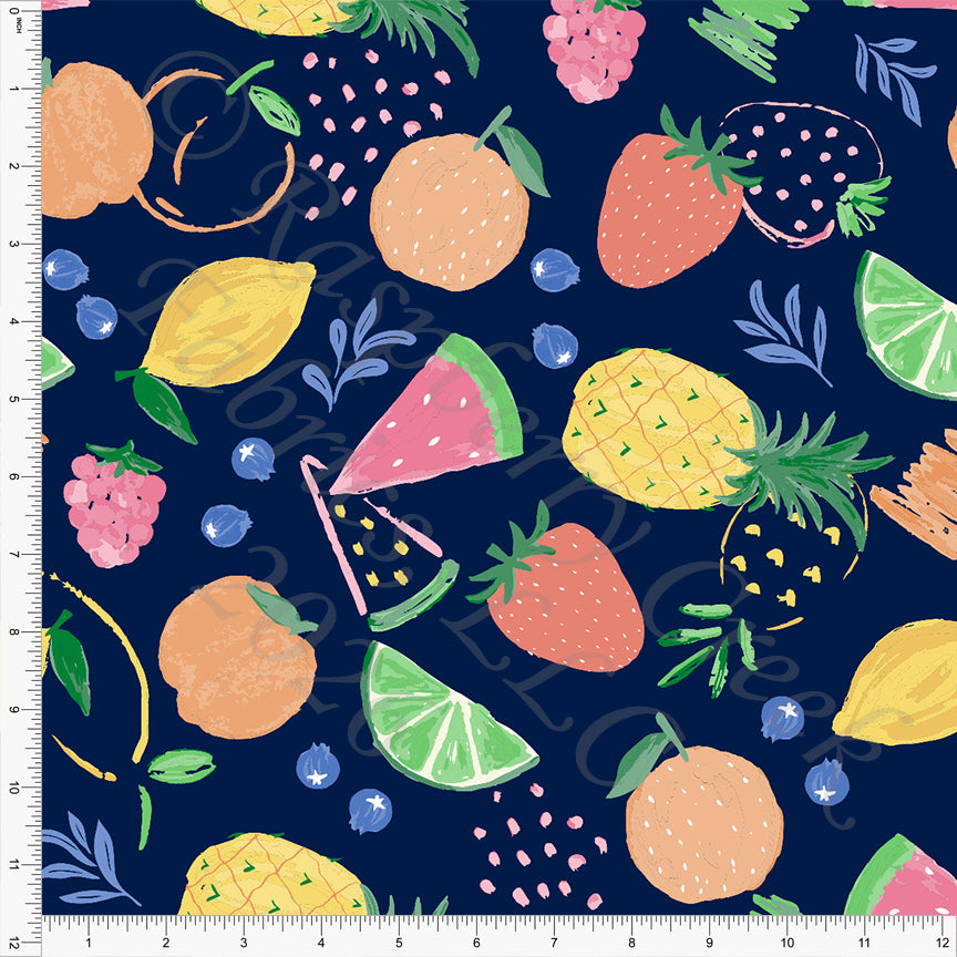 Navy Yellow Salmon Orange Green Periwinkle Juicy Tossed Fruit Fabric, Juicy Summer by Nice To Michiyo Designs for CLUB Fabrics