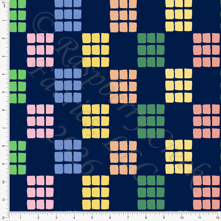 Navy Yellow Salmon Orange Green Periwinkle Summer Patchwork Fabric, Juicy Summer by Nice To Michiyo Designs for CLUB Fabrics