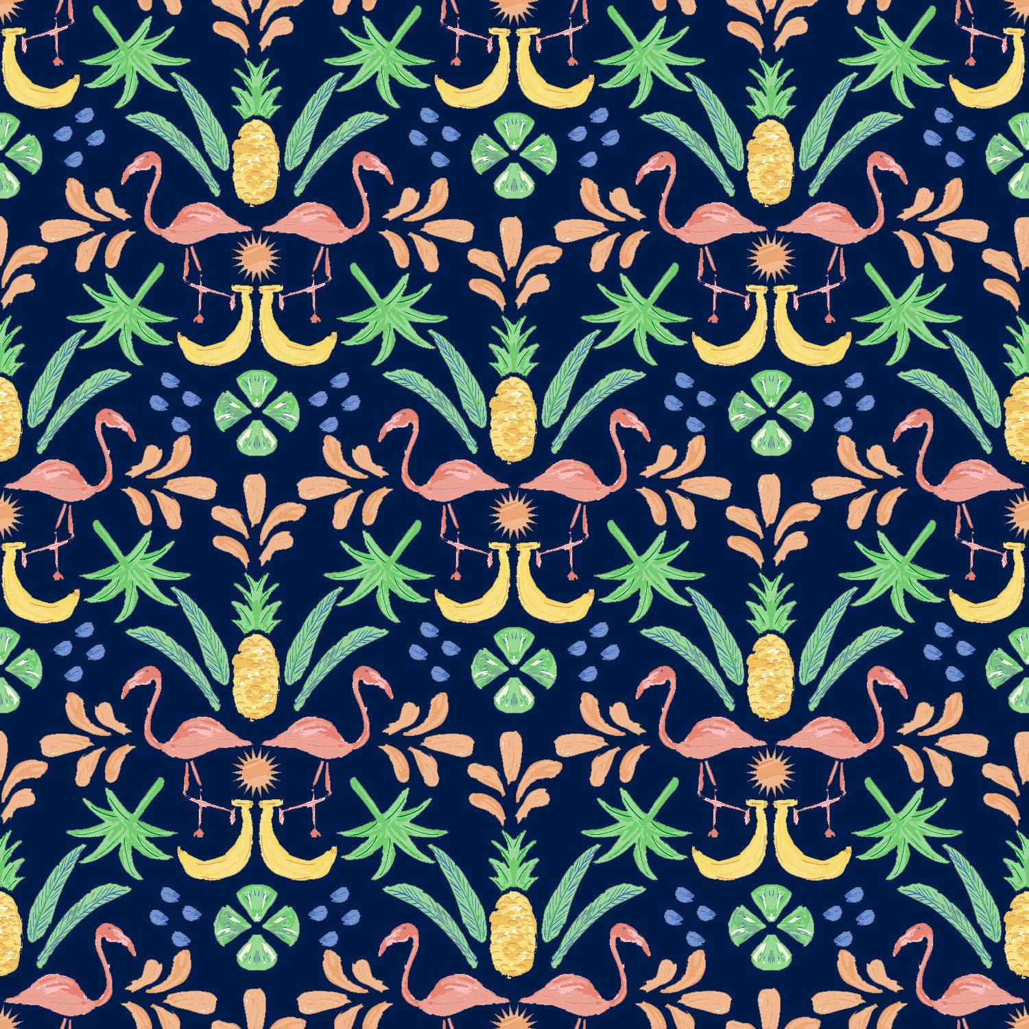 Navy Yellow Salmon Orange Green Periwinkle Tropical Flamingo Damask Fabric, Juicy Summer by Nice To Michiyo Designs for CLUB Fabrics