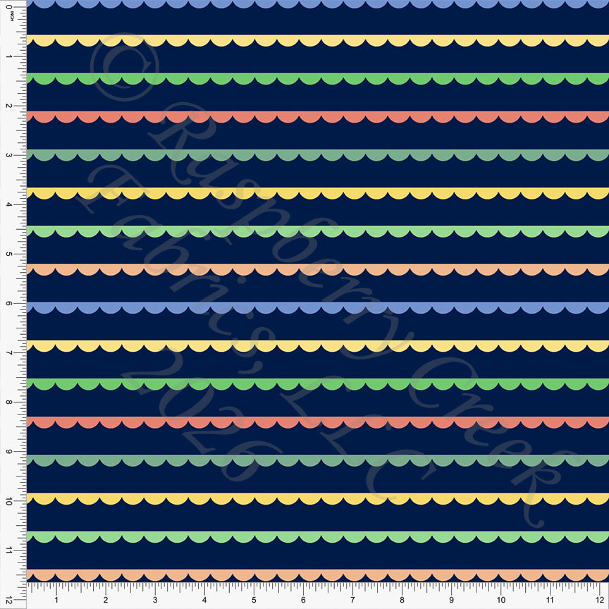 Navy Yellow Salmon Orange Green Periwinkle Tropical Scallop Stripe Fabric, Juicy Summer by Nice To Michiyo Designs for CLUB Fabrics