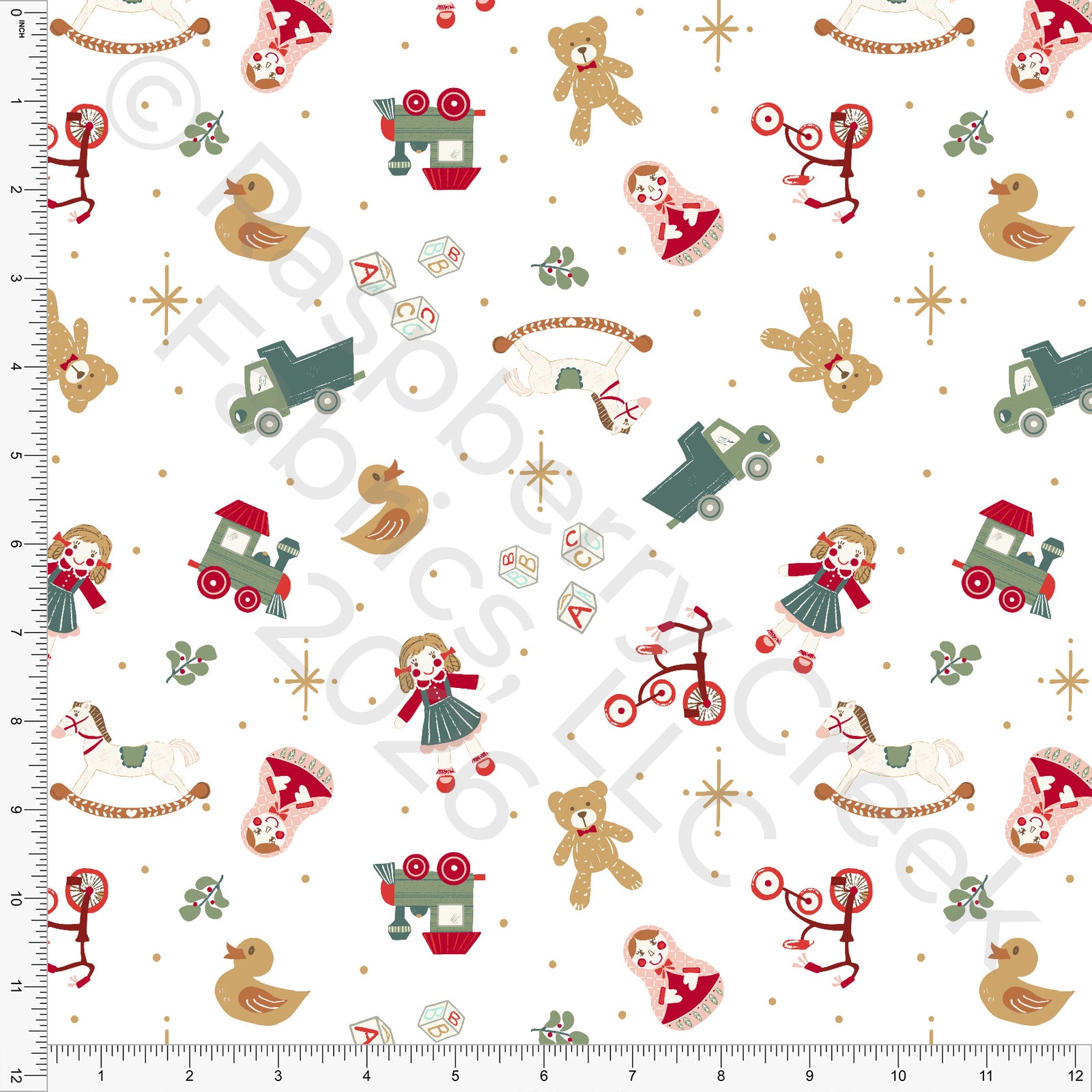 Dusty Hunter Green Khaki Red Burgundy Sage Christmas Toys, Christmas Is Coming by Nice To Michiyo Design for CLUB Fabrics