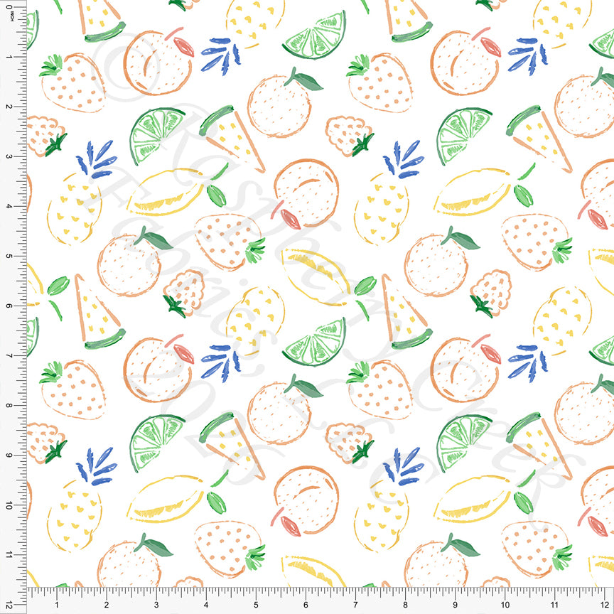 Yellow Salmon Orange Green Periwinkle Fruit Breeze Fabric, Juicy Summer by Nice To Michiyo Designs for CLUB Fabrics