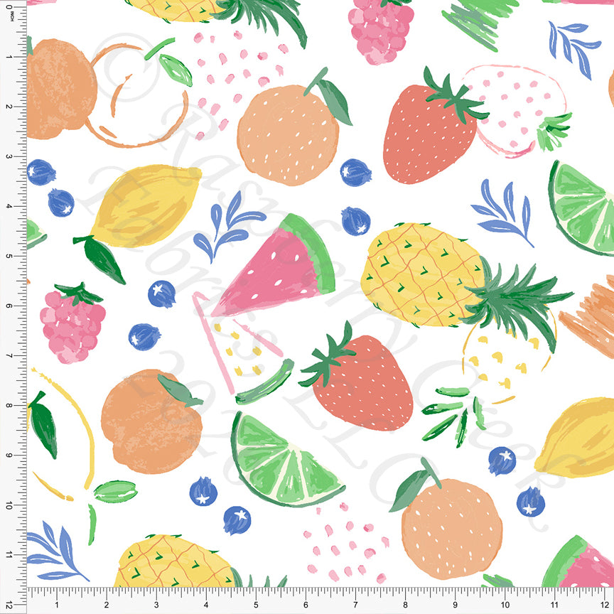 Yellow Salmon Orange Green Periwinkle Juicy Tossed Fruit Fabric, Juicy Summer by Nice To Michiyo Designs for CLUB Fabrics