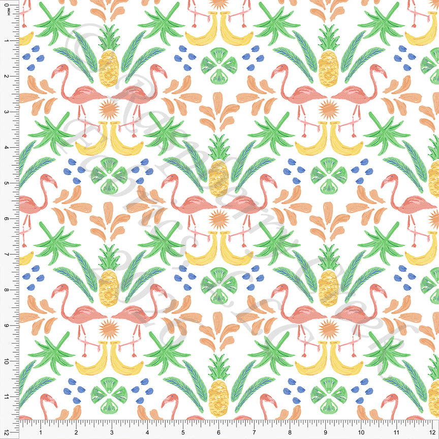 Yellow Salmon Orange Green Periwinkle Tropical Flamingo Damask Fabric, Juicy Summer by Nice To Michiyo Designs for CLUB Fabrics