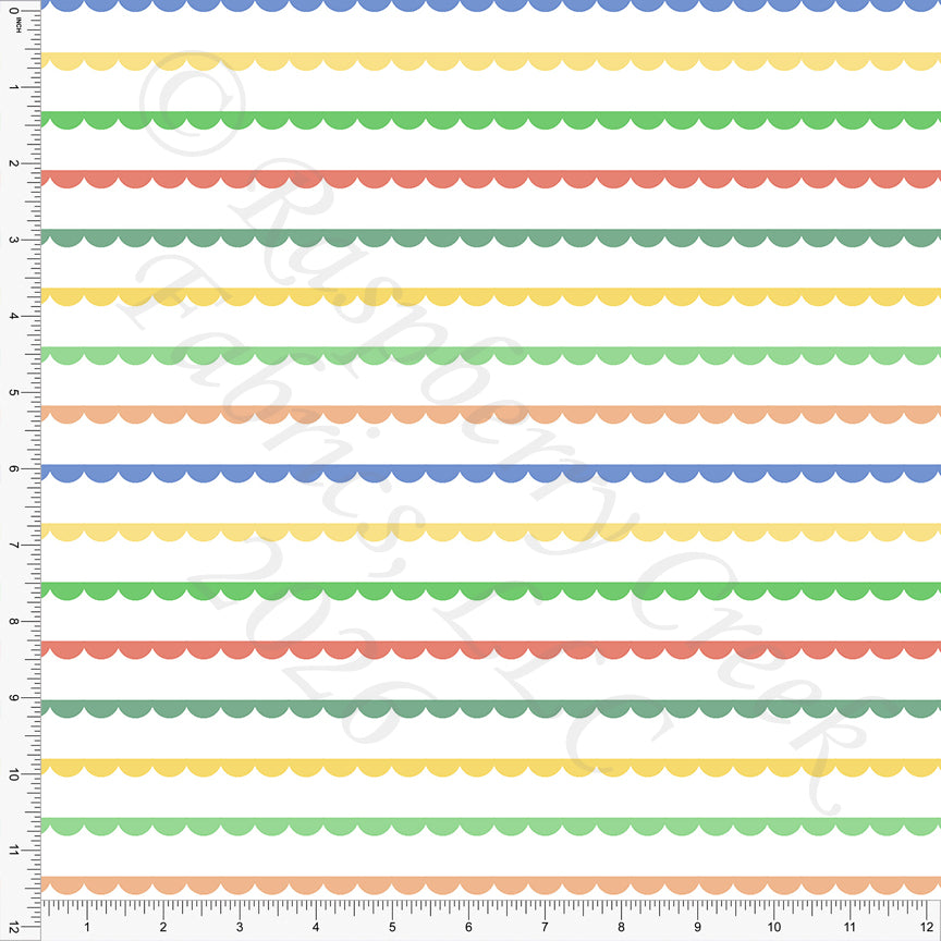 Yellow Salmon Orange Green Periwinkle Tropical Scallop Stripe Fabric, Juicy Summer by Nice To Michiyo Designs for CLUB Fabrics