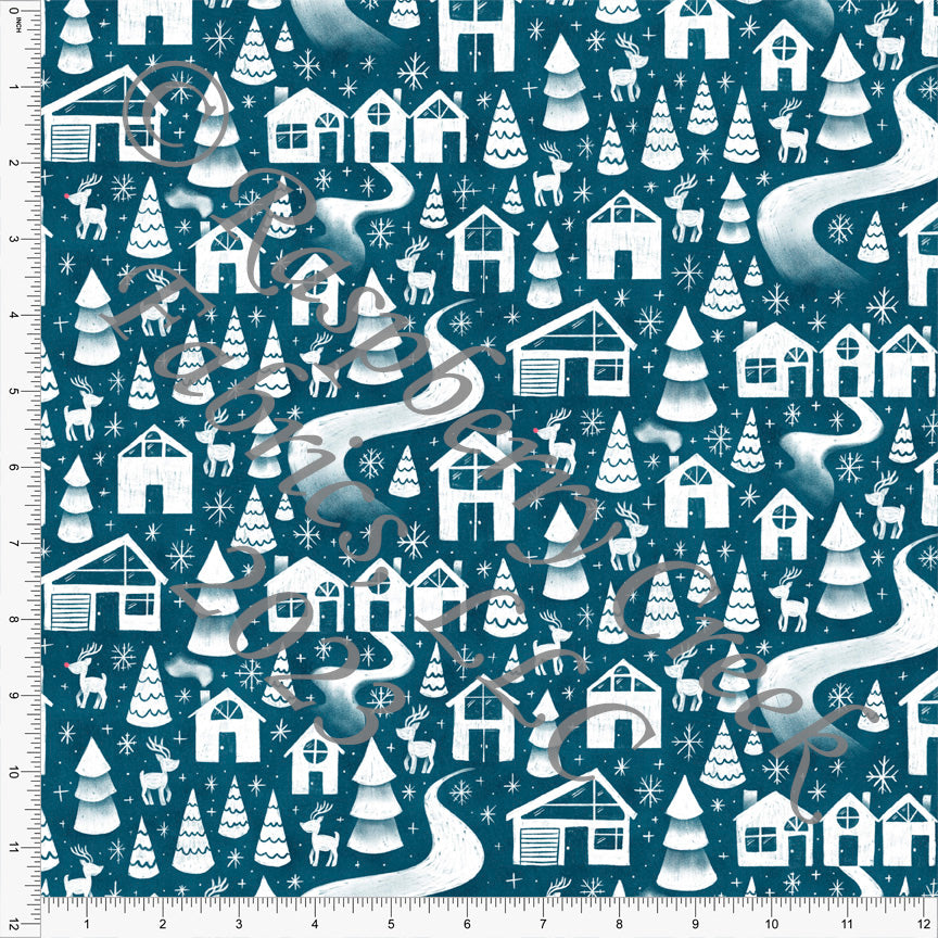 Tonal Teal and White Snow Village Print Fabric, Night Before by Janelle Coury for CLUB Fabrics