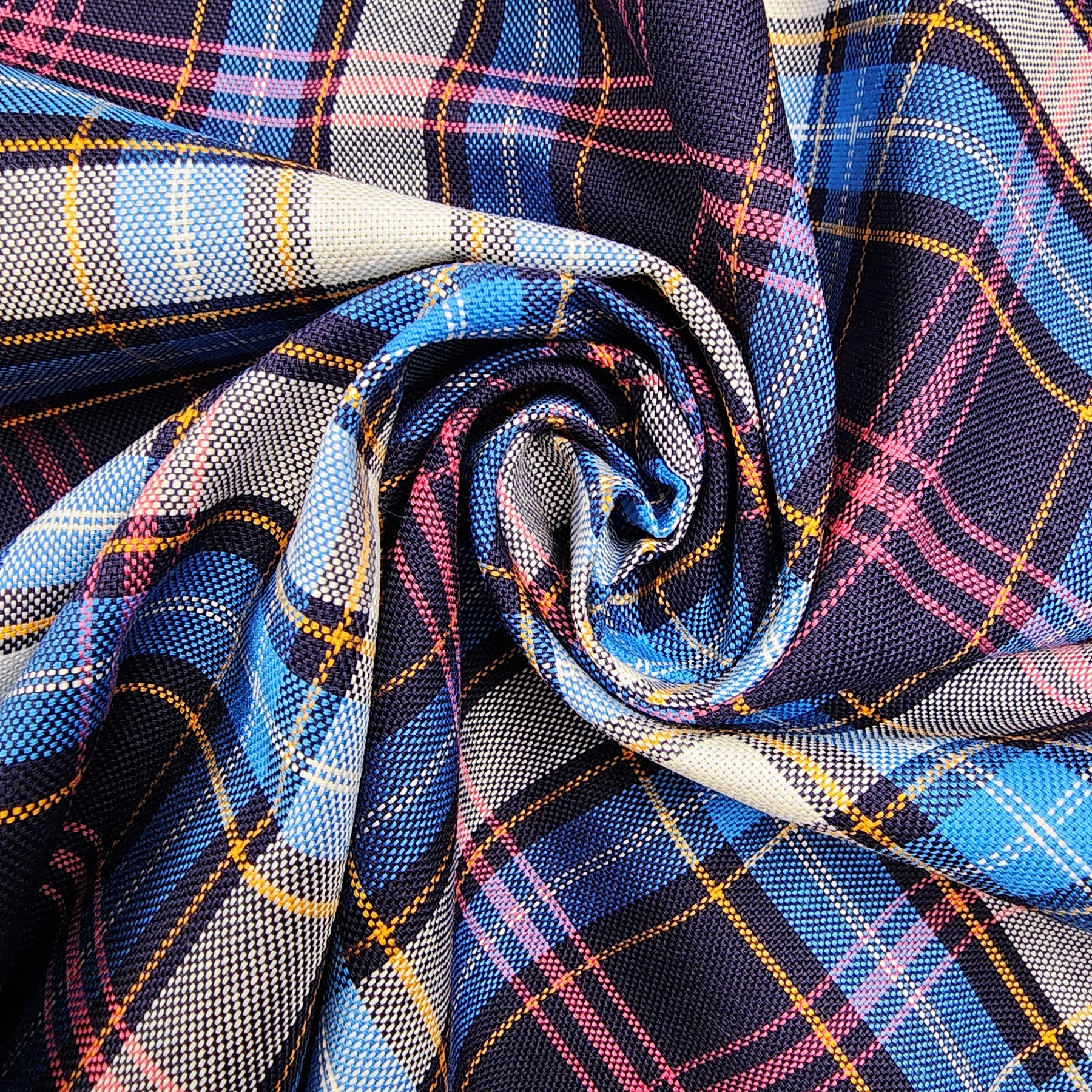 Blue, Navy, Pink, and Yellow Plaid Oxford Cotton Shirting Swirled