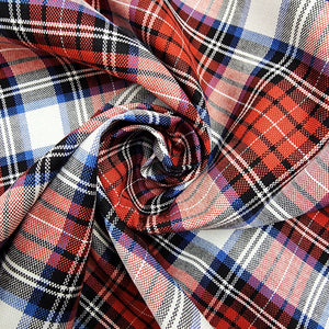 Red, White, Blue, and Black Plaid Oxford Cotton Shirting Swirled