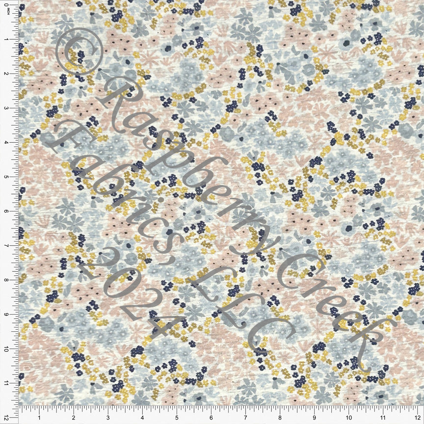 PRE-ORDER Navy Dusty Blue Mauve and Mustard Ditsy Meadow Floral on Oatmeal 4 Way Stretch French Terry Knit Fabric, By Brittney Laidlaw