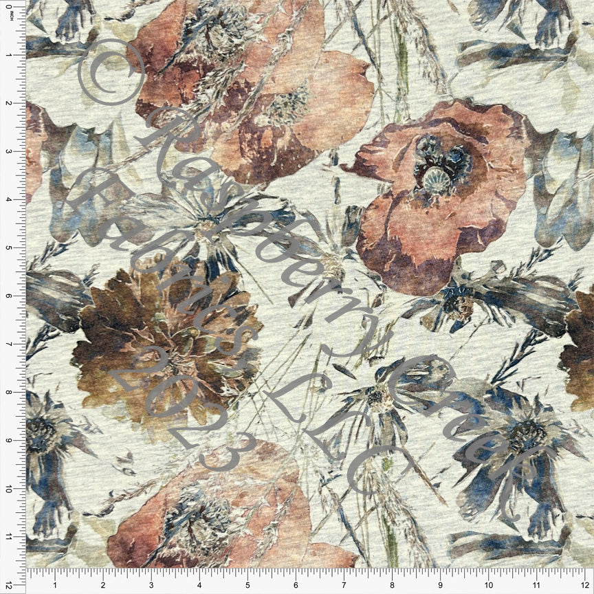 PRE-ORDER Rust Burgundy Teal and Brown Large Painterly Floral Print on Oatmeal 4 Way Stretch French Terry Knit Fabric