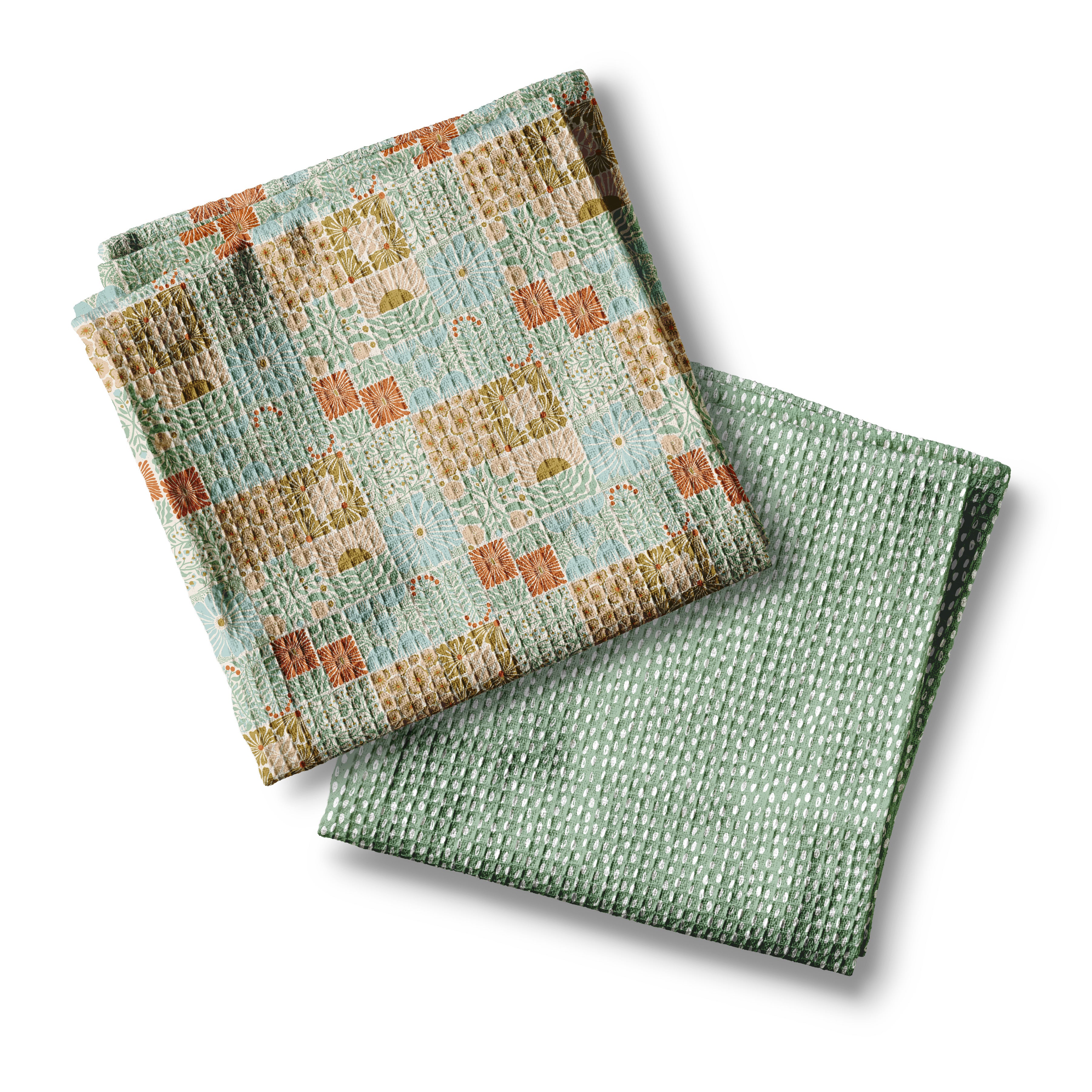 Green Rust Light Blue and Peach Floral Patchwork and Random Pin Dot Towels, Set of Two