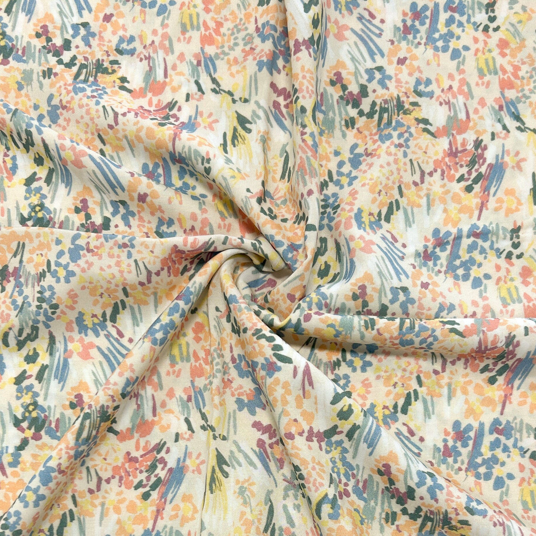 Yellow Coral Green Mauve Blue and Cream Painted Abstract Floral Print Rayon Challis, CLUB Fabrics