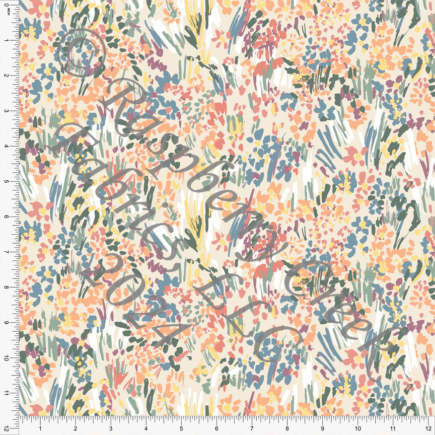 Yellow Coral Green Mauve Blue and Cream Painted Abstract Floral Print Rayon Challis, CLUB Fabrics