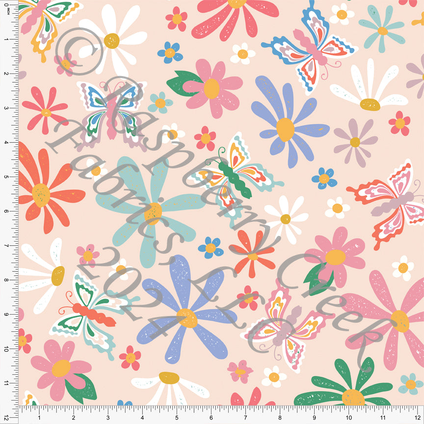 Peach Green Periwinkle Salmon and Mustard Floral Butterfly Print Fabric, Peachy by Kim Henrie for CLUB Fabric