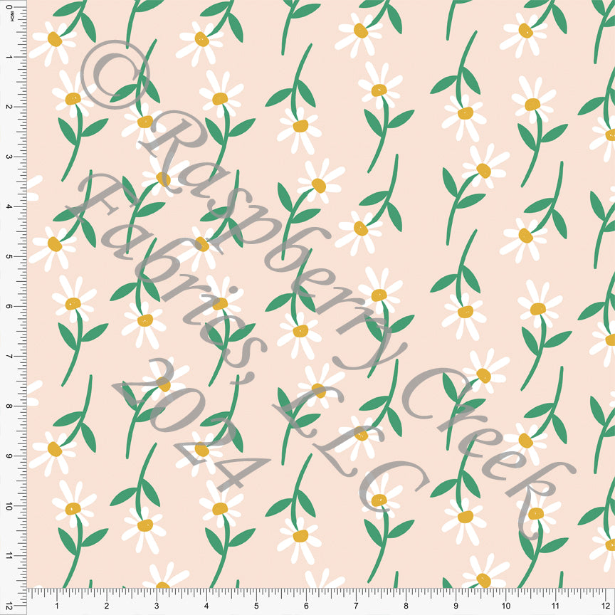 Peach Green White and Mustard Daisy Print Fabric, Peachy by Kim Henrie for CLUB Fabric