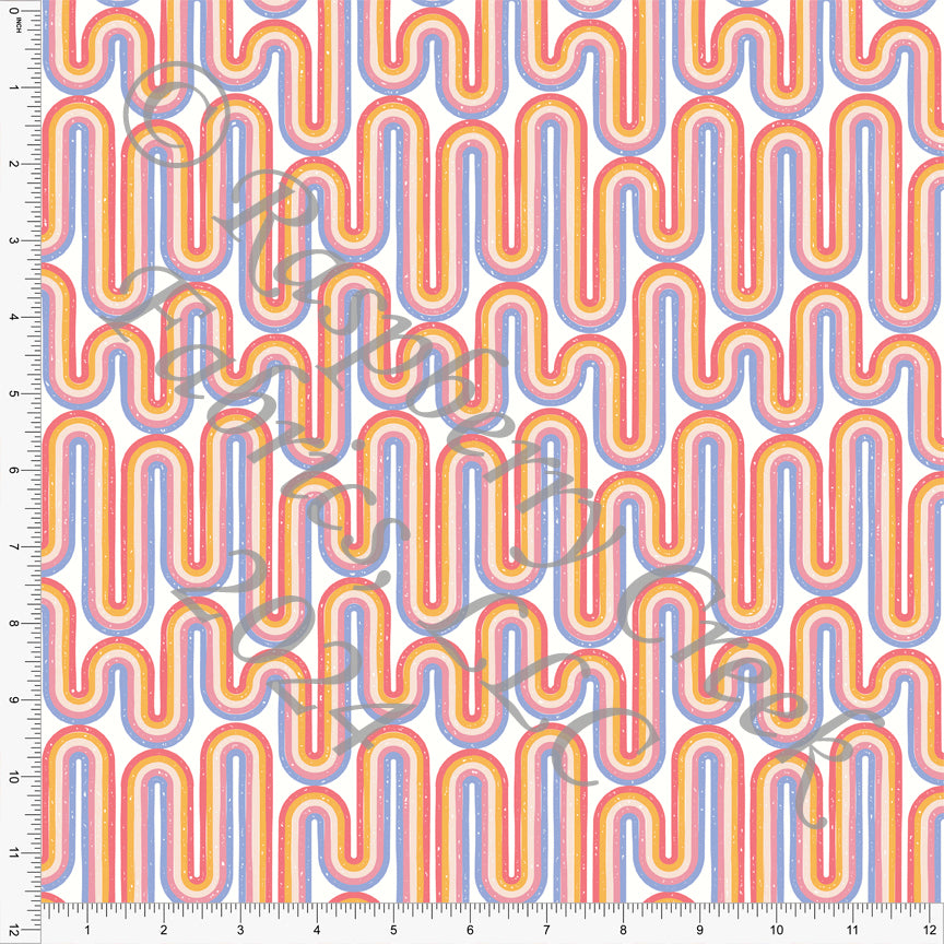Periwinkle Coral Mustard and Dark Pink Retro Wave Stripe Print Fabric, Peachy by Kim Henrie for CLUB Fabric