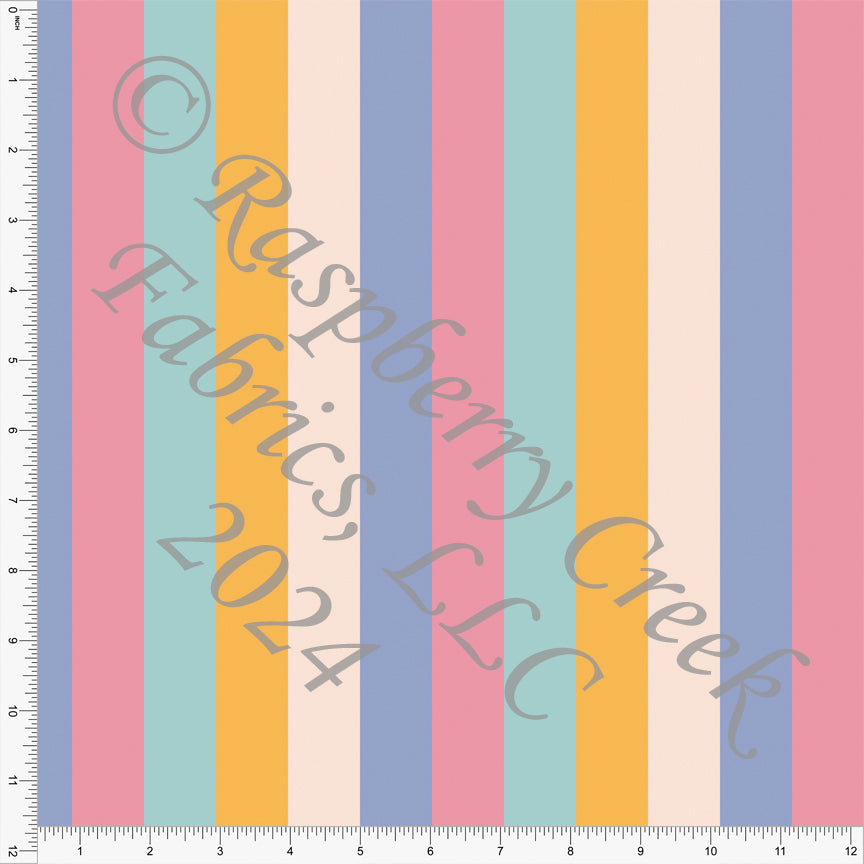 Periwinkle Coral Mint Mustard and Peach Vertical Wide Stripe Print Fabric, Peachy by Kim Henrie for CLUB Fabric