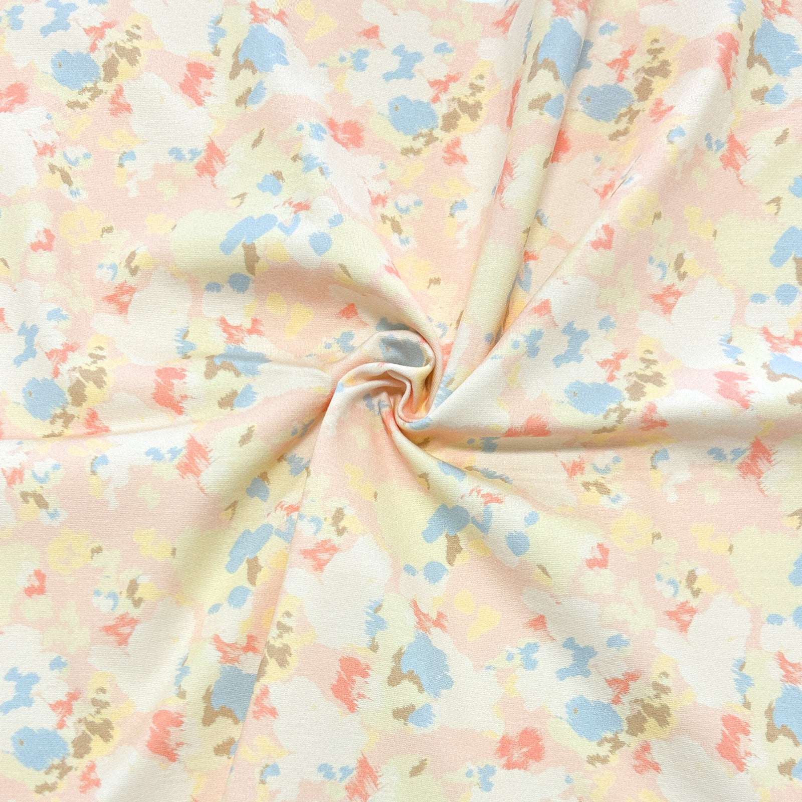 Light Peach Dusty Blue Salmon Yellow and Khaki Abstract Painted Spot Print Ponte De Roma Knit Fabric, CLUB Fabrics