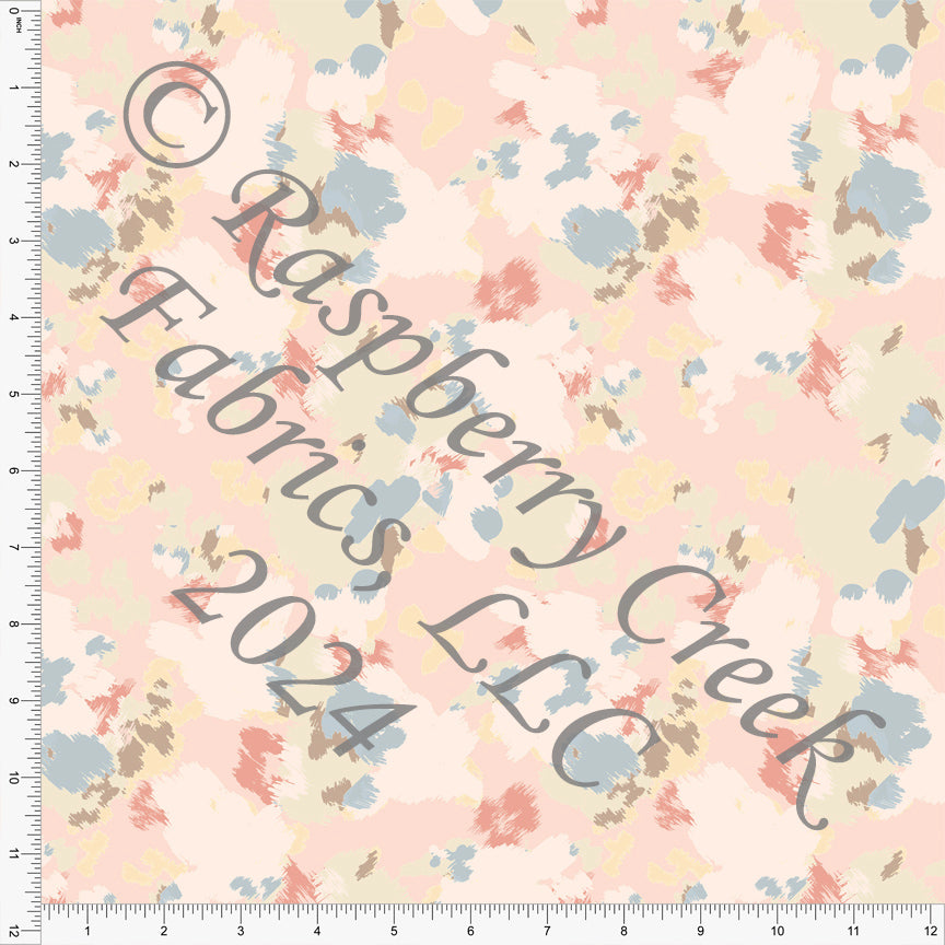 Light Peach Dusty Blue Salmon Yellow and Khaki Abstract Painted Spot Print Ponte De Roma Knit Fabric, CLUB Fabrics