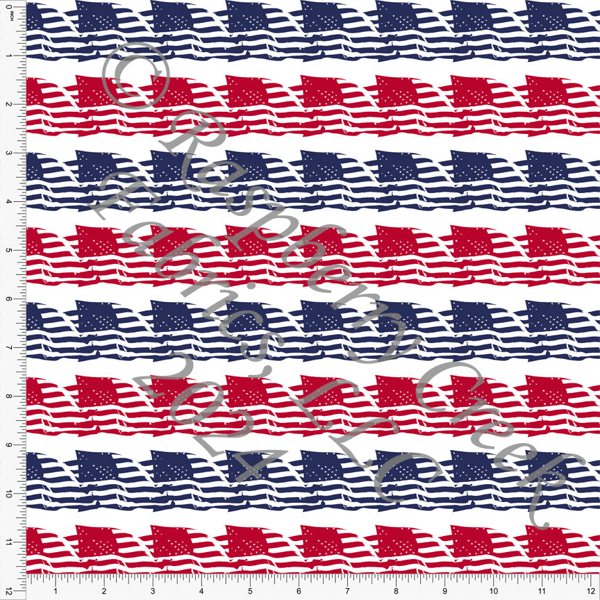 Red and Navy Blue Waving Flag Stripe Print Fabric, American Places by Elise Peterson for CLUB Fabrics