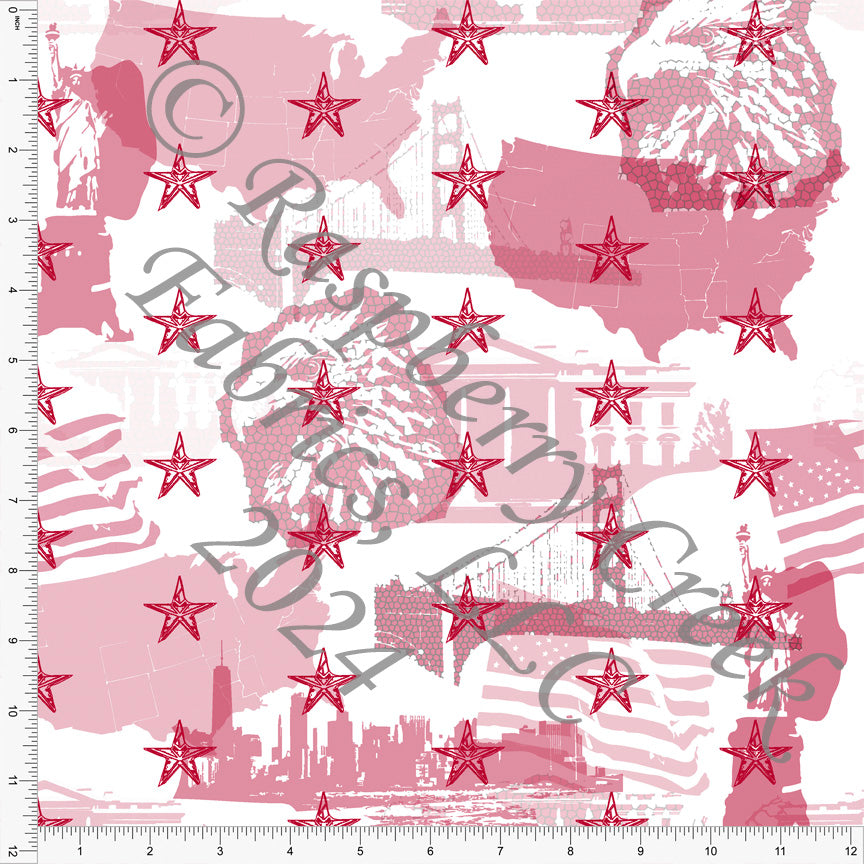 Tonal Red White American Places Print Fabric, American Places by Elise Peterson for CLUB Fabrics