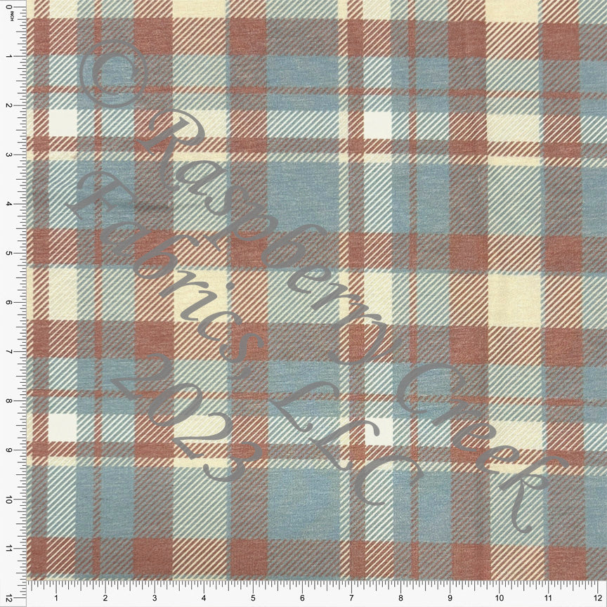 PRE-ORDER Clay Checker Print on Oatmeal 4 Way Stretch French Terry Knit  Fabric Fabric, Raspberry Creek Fabrics