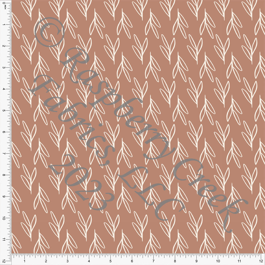 Clay and Cream Line Drawn Leave Print Ponte De Roma Knit Fabric, CLUB Fabrics