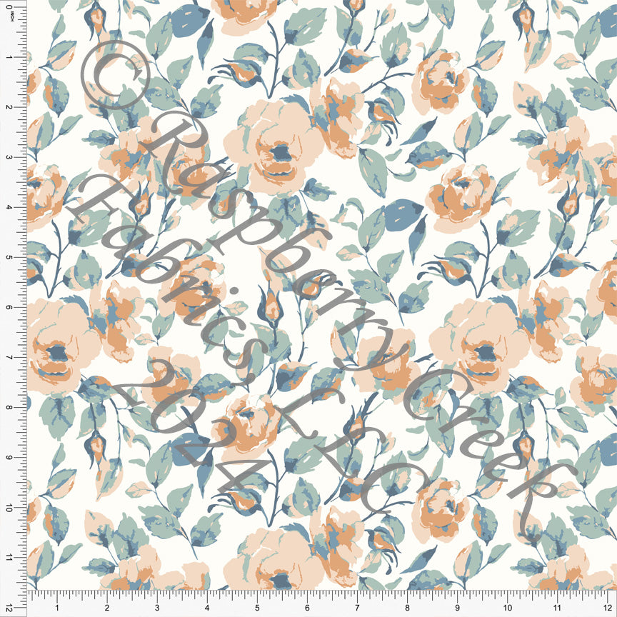 Mint Blue Peach Orange and Cream Floral Print Ponte De Roma Knit Fabric, CLUB Fabrics