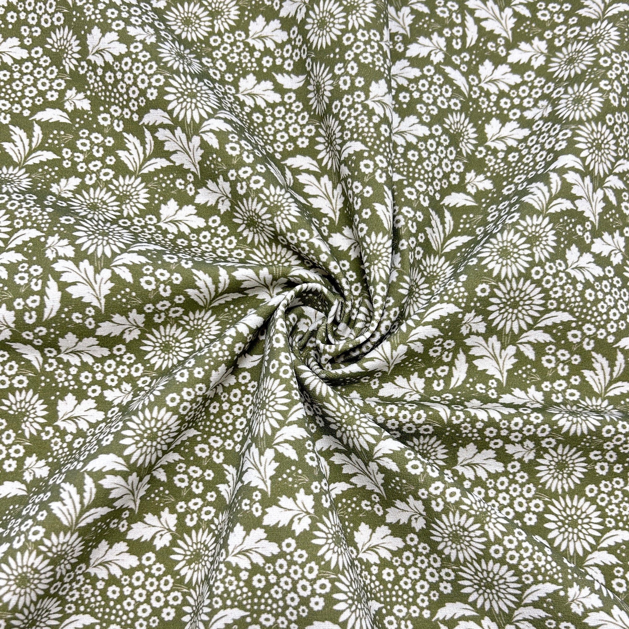 Light Olive Green and Cream Floral Print Ponte De Roma Knit Fabric, CLUB Fabrics