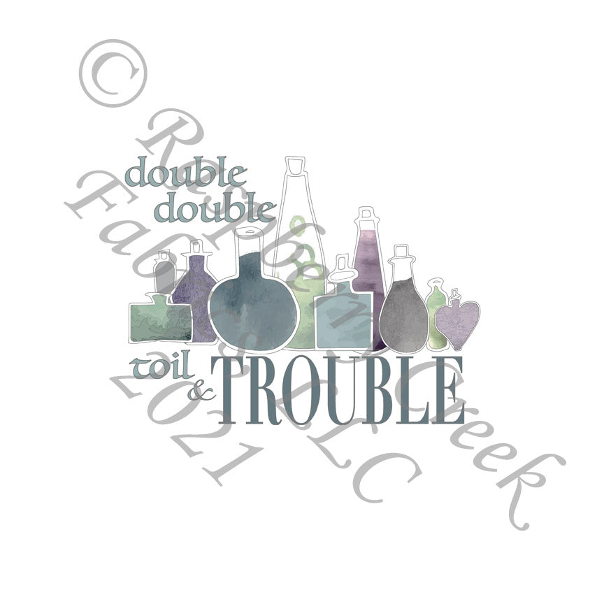 Tonal Green Purple and Grey Double Double Toil and Trouble Potion Panel, Spooks and Spells by Elise Peterson for Club Fabrics