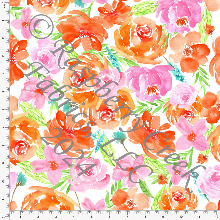 Orange Bright Pink Seafoam and Green Watercolor Floral Print Fabric, Preppy Little Things by Bri Powell for CLUB Fabrics