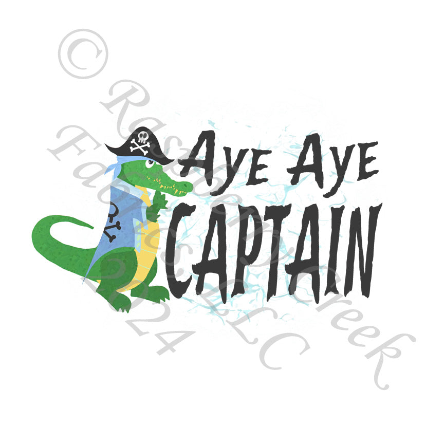 Green Light Blue and Charcoal Crocodile Aye Aye Captain Panel, Reptile Pirates by Elise Peterson for CLUB Fabrics
